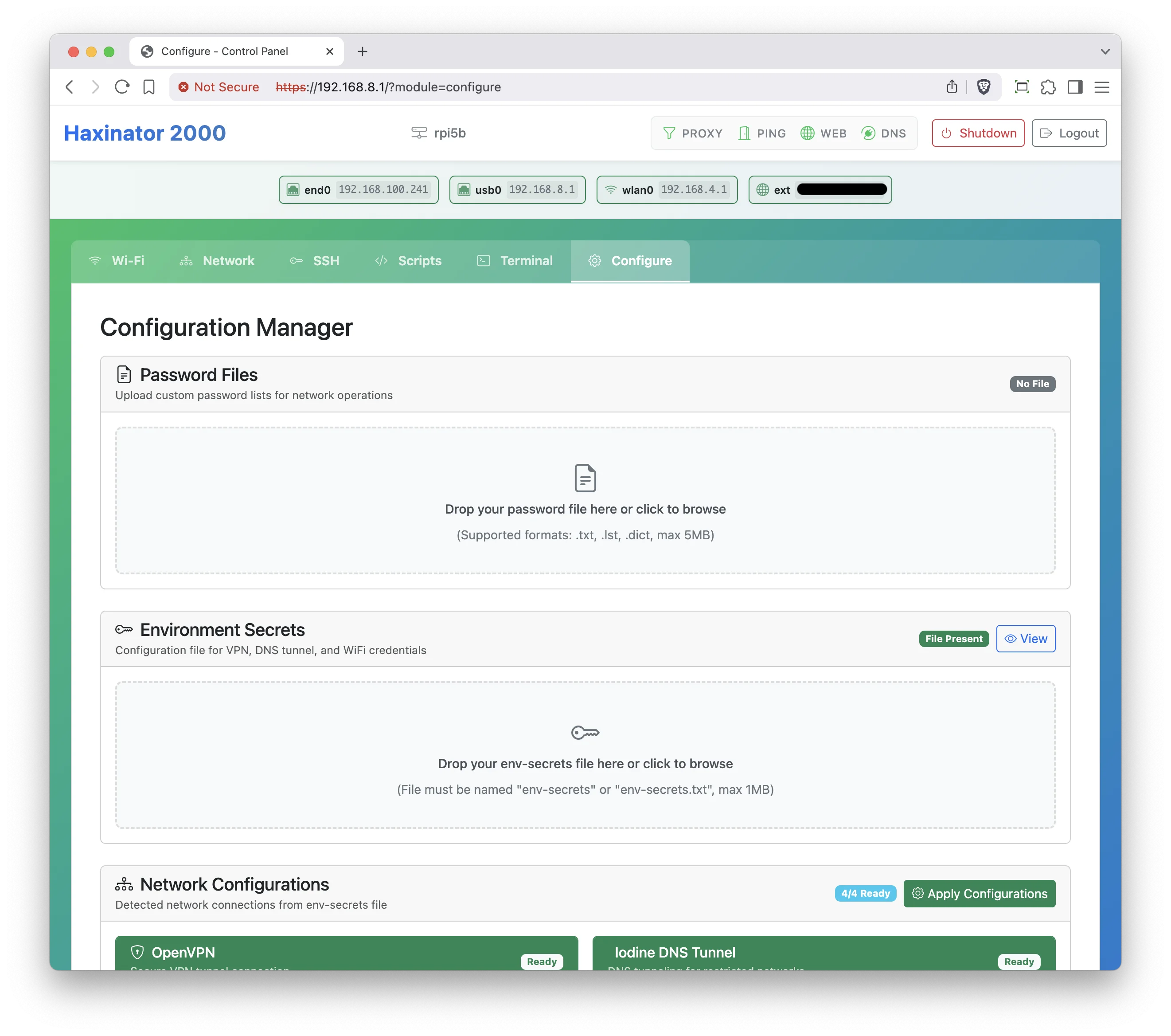 Haxinator Configuration Interface - System settings and preferences