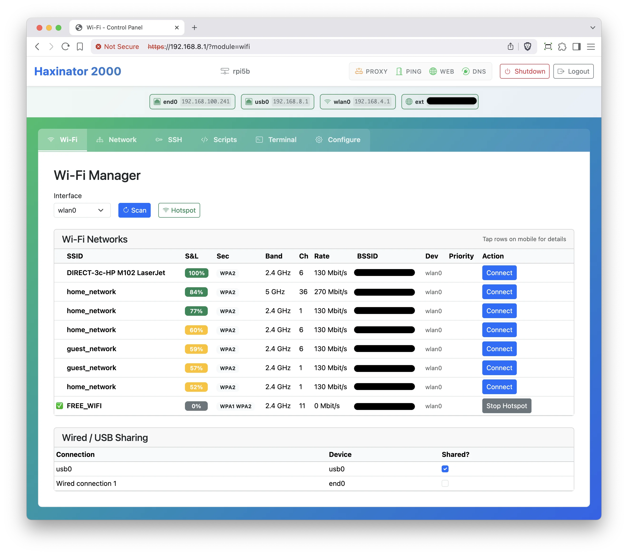 Haxinator 2000 WiFi Manager Interface