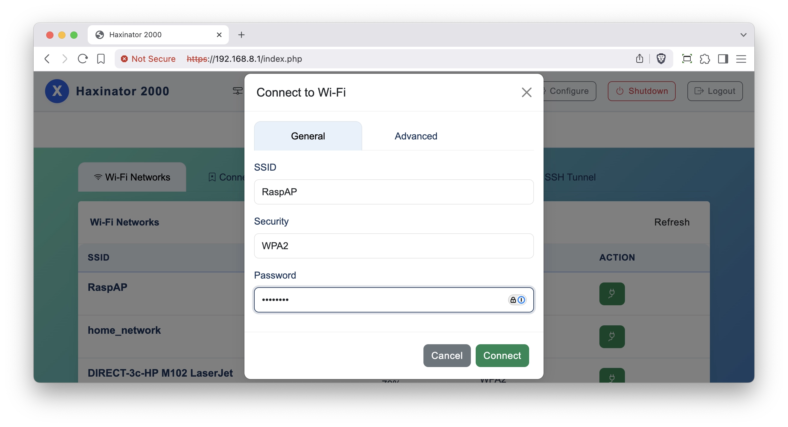 Haxinator WiFi Connection Interface